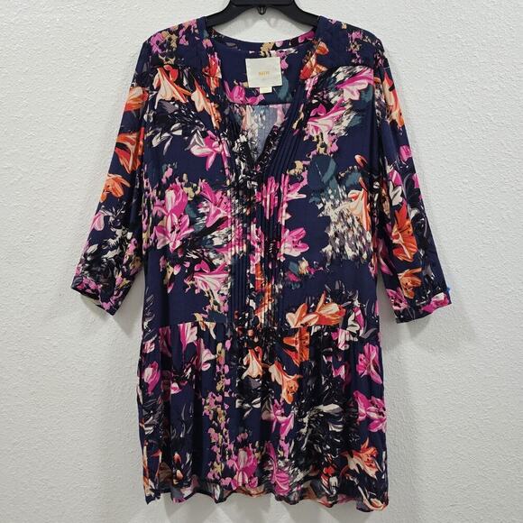 Anthropologie Maeve Caravane Boho Tunic Navy Floral V-Neck Drop Waist Sundress S - Picture 2 of 14